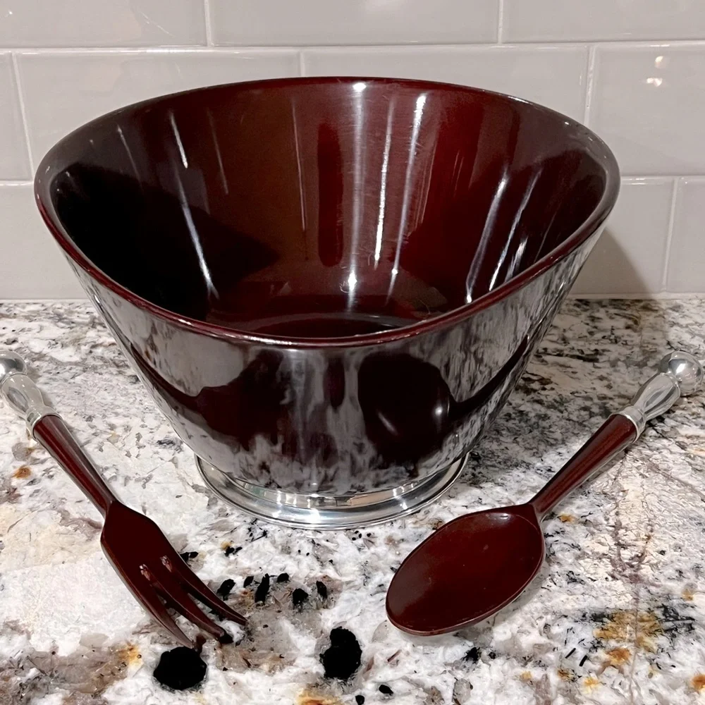 Mid Century Modern Mahogany Bowl Set, Vintage Salad Serving Bowl Pewter Accents - Picture 1 of 6